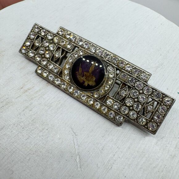 Antique Art Deco Rhinestone Brooch Pin Shadow Box Dried Flower Trombone Clasp - Picture 1 of 12